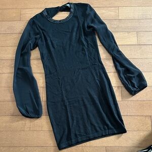 Chic Black Long Sleeve Dress with Beaded Neckline